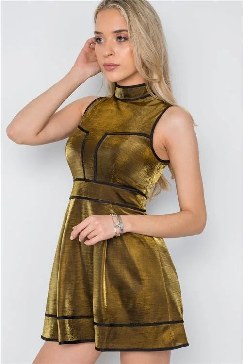 Gold Silver Metallic Mock Neck Skater Dress Medium Gold Silver Metallic Mock Neck Skater Dress Medium