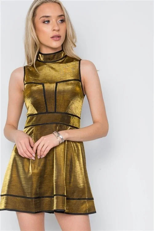 knee length dresses for ladies Gold Silver Metallic Mock Neck Skater Dress Medium knee length dresses for ladies Gold Silver Metallic Mock Neck Skater Dress Medium